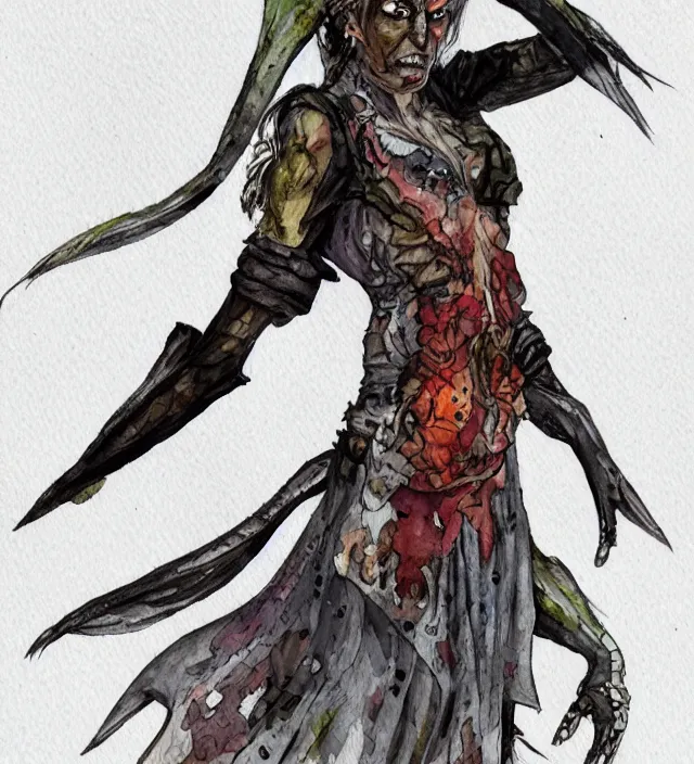 Image similar to a 3 / 4 view watercolor ink painting of a post - apocalyptic mutant sorcerer wearing a dress trending on artstation deviantart pinterest detailed realistic hd 8 k high resolution