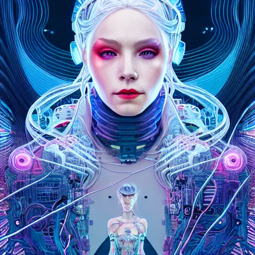 Prompt: high quality, high detailed portrait of a snow queen cyberpunk character in a futuristic world, hyperrealism, intricate details, cables, wires, connectors, led. tristan eaton, victo ngai, artgerm, rhads, ross draws, alphonse mucha, pastel colors, vintage, artstation, vector. 8 k