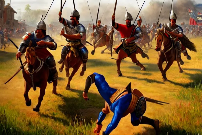 Image similar to ( ( a beautiful 8 k photorealistic masterpiece oil painting ) ( of ( man running for his life in the age of empires 2 game ) ( knights and archers try to kill him ) ) ( hyperrealism ) ( 1 6 k ) ( trending on artstation )