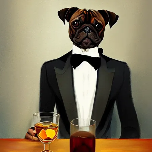 Prompt: a beautiful illustration painting of a dog in a tuxedo drinking whiskey by rutkowski featured on artstation, studio lighting, photorealistic digital art