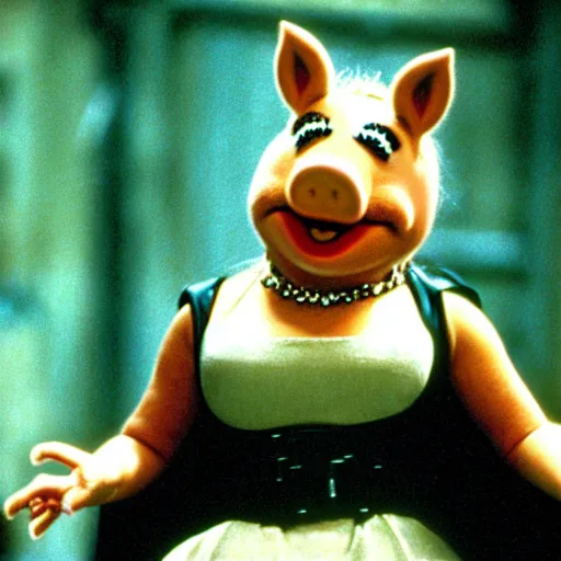 Image similar to movie still of trinity as miss piggy in the matrix 1 9 9 9 movie