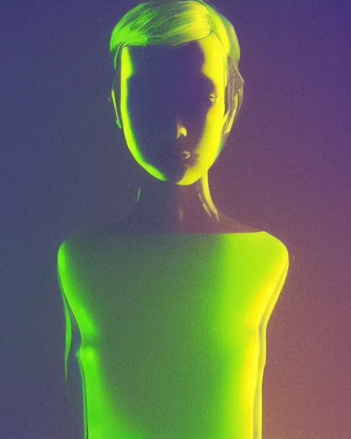 Image similar to cut and paste, featureless surprised robotic woman's face, metallic bob hair, dark makeup, violet and yellow and green and blue lighting, polaroid photo, 1 9 8 0 s cgi, atmospheric, whimsical and psychedelic, grainy, expired film, super glitched, corrupted file, ghostly, bioluminescent glow, sci - fi, twisty