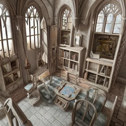 Prompt: photo of Hogwarts as a highly detailed dollhouse, interior view, extreme details, soft lighting, crepuscular rays, realistic octane render, 8k