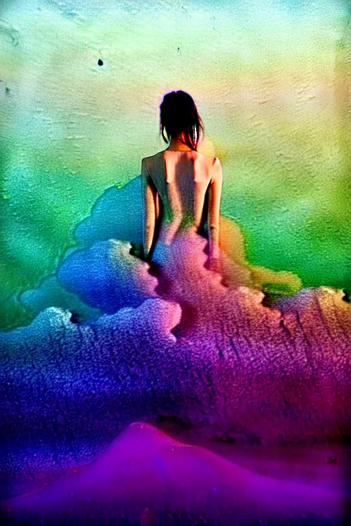 Image similar to high quality pastel coloured film close up wide angle photograph of a model wearing clothing swimming on cloud furniture in a icelandic black rock!! environment in a partially haze filled dreamstate world. three point light, rainbow. photographic production. art directed. pastel colours. volumetric clouds. pastel gradient overlay. waves glitch artefacts. extreme facial clarity. 8 k. filmic.