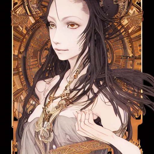 Image similar to detailed portrait dark girl of cyberpunk wizard, wizard magic staff, elite, elegant, concept art, intricate complexity, by shigenori soejima, krenz cushart, alphonse mucha, takato yamamoto, rule of thirds, 4 k, beautiful, cinematic dramatic atmosphere