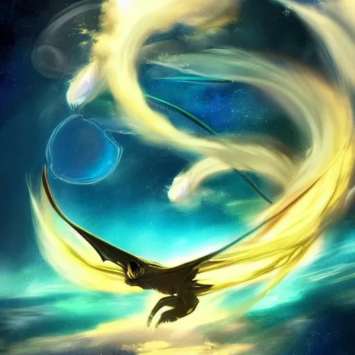Image similar to A wind dragon flying in space, deviantart, award-winning, stunning