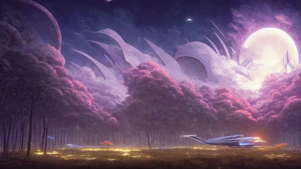 Prompt: a vast ancient forest with fireflies and futuristic white temple spaceship at night and lots of cummulonimbus clouds by makoto shinkai, moebius!, oliver vernon, joseph moncada, damon soule, manabu ikeda, kyle hotz, dan mumford, by kilian eng
