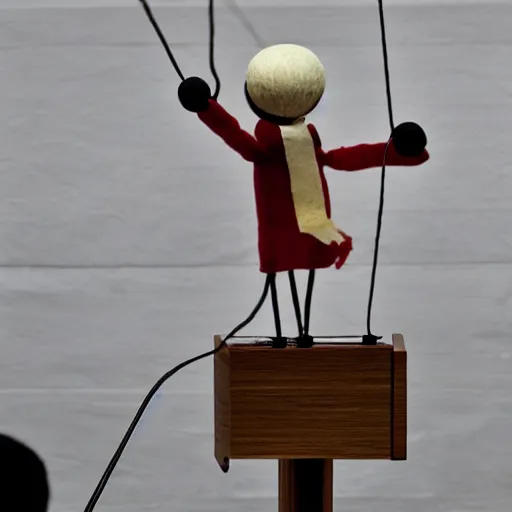 Image similar to string marionette in a podium giving a press conference