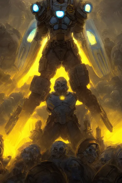 Prompt: a distant shot of a single super soldier with blue and yellow flag and standing alone on a huge pile of human skulls as a winner, masculine figure, D&D, fantasy, bright hopeful atmosphere, volumetric lights, beam of bright light through the clouds, intricate, elegant, highly detailed, extremely detailed, digital painting, artstation, concept art, matte, smooth, sharp focus, hyper realistic, illustration, art by Artgerm and Greg Rutkowski and Alphonse Mucha