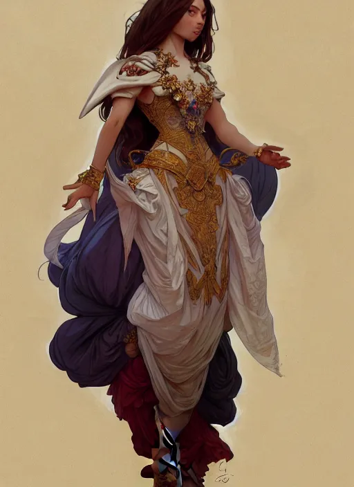 Prompt: portrait of a full body of beautiful female princess, d & d, baroque dress, flat lighting, intricate, muscular, highly detailed, digital painting, artstation, concept art, smooth, sharp focus, illustration, art by simon bisley and greg rutkowski and alphonse mucha, natural tpose