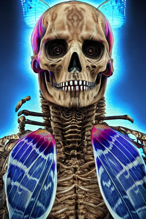 Image similar to a portrait of a skelton with moth wings, highly detailed, digital photo, hdri, by christopher bretz and john carpenter, vivid colors, high contrast, 8 k resolution, intricate, photorealistic, smooth, psychedelic color scheme, concept art, award winning, cg society contest winner