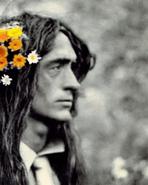 Image similar to sauron with flowers on his hair, hippie, 1 9 6 0 s, world peace, mordor