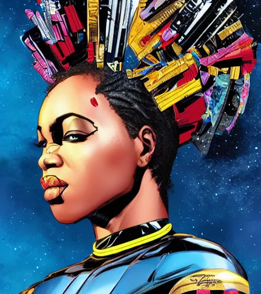 Image similar to african female android, by MARVEL comics and Sandra Chevrier, 4k