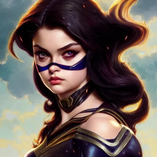 Image similar to beautiful Odeya Rush as Batgirl, western, closeup, D&D, fantasy, intricate, elegant, highly detailed, digital painting, artstation, concept art, matte, sharp focus, illustration, art by Artgerm and Greg Rutkowski and Alphonse Mucha