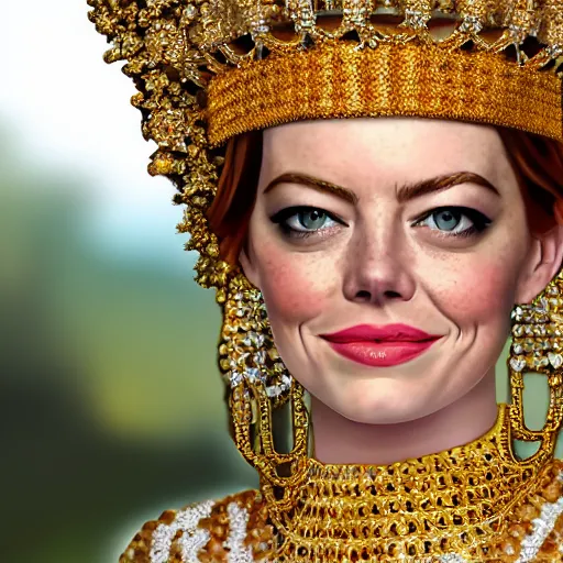 Prompt: A portrait of Emma Stone wearing a golden Arabian crown , royality, high quality, fully detailed, 4k