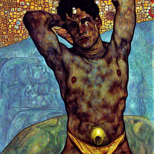 Image similar to transcendential consciousness, contrapposto, egon schiele, gustav klimt, alphonse mucha, retro futurism