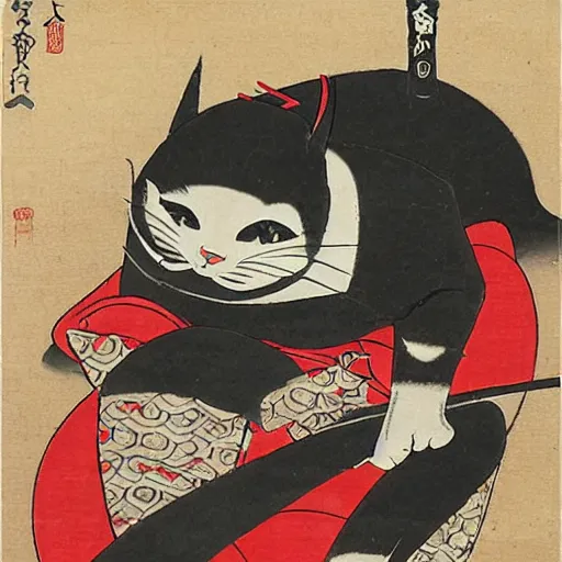 Prompt: anthropomorphic cat ninja, ukiyo-e