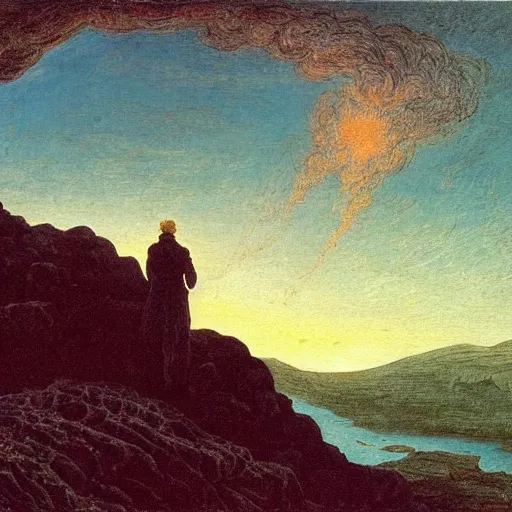 Prompt: wanderer above the sea of lava, style of caspar david friedrich