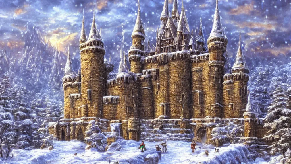 Image similar to a highly detailed, realistic oil painting of Hyrule Castle from Zelda Ocarina of Time in Winter, snow, intricate, 8k highly professionally detailed, HDR