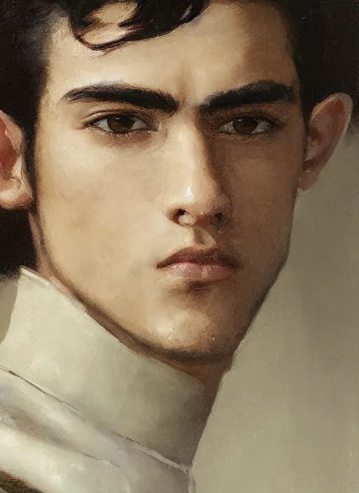 Prompt: close up head and shoulders portrait painting of young man who looks like zayn malik as an elf by jeremy mann, wearing leather napoleonic military style jacket, only one head single portrait, pointy ears