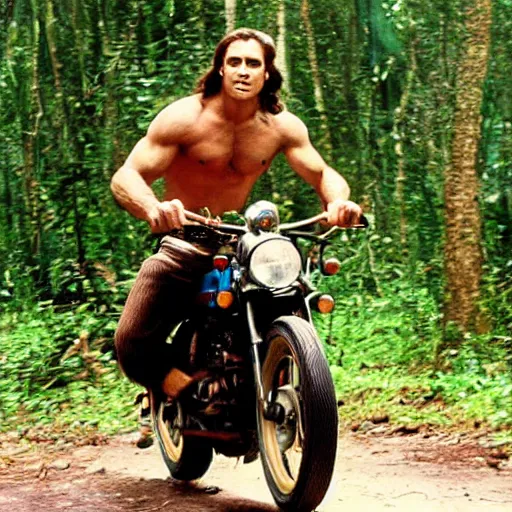 Prompt: photo of tarzan riding a motorbike