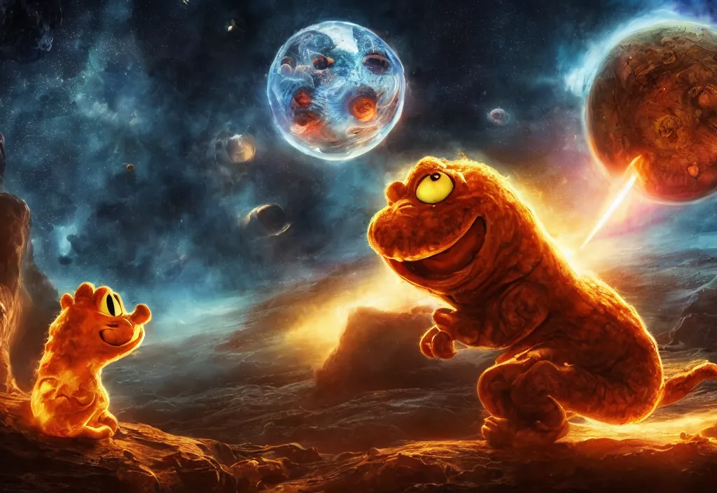 Image similar to eldritch horror bloody garfield in space, hd, 8 k, giant, epic, realistic photo, unreal engine, stars, prophecy, powerful, cinematic lighting, destroyed planet, debris, violent, sinister, ray tracing, dynamic, epic composition, dark, horrific, teeth, grotesque, monochrome drawing, hellscape