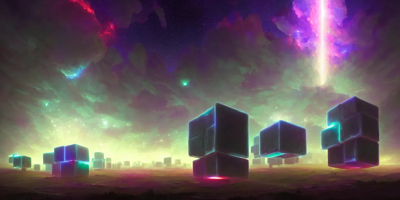 Prompt: a fleet of giant glowing futuristic cubes tied to each other with glowing light tubes in the sky, a fantasy magical landscape seen in the distance, atmospheric lighting, intricate, volumetric lighting, beautiful, sharp focus, ultra detailed, in the art style of marc simonetti, bowater charlie and brom gerald, astrophotography