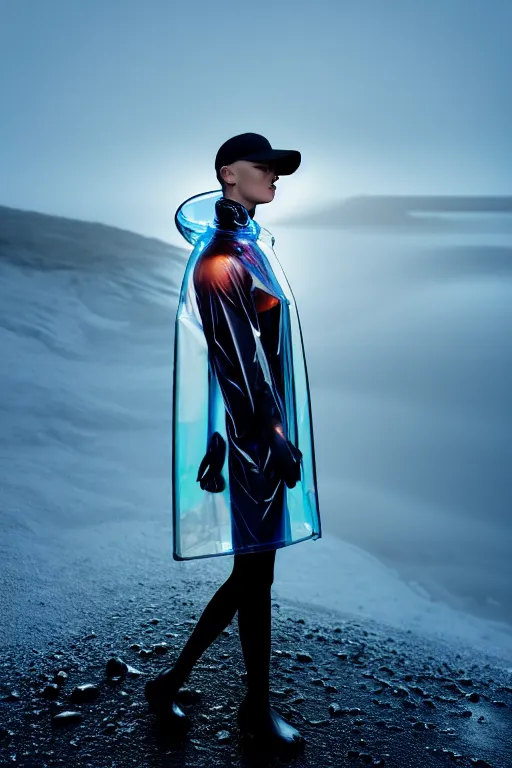 Image similar to an ultra high definition professional high fashion portrait studio full length photograph of a model wearing a transparent pearlescent raincoat and neon visor in an icelandic black rock environment at dawn. no artefacts. extremely detailed. stark. refraction. shallow depth of field. volumetric light and shadow. ray tracing. light rays.