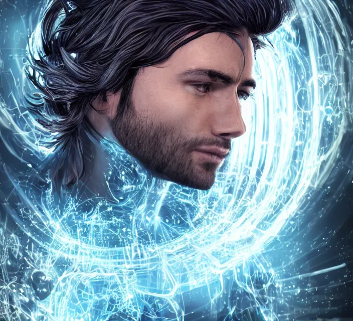 Prompt: realistic, handsome man dark hair, love, joy, complex cybernetic beings, glowing hair, vortexes, large array, ornate hair, 3 d model, fish eye, round form, cinematic light shadows, wet hdr refractions, insanely detailed rendering, artstation, 8 k, * * * * *