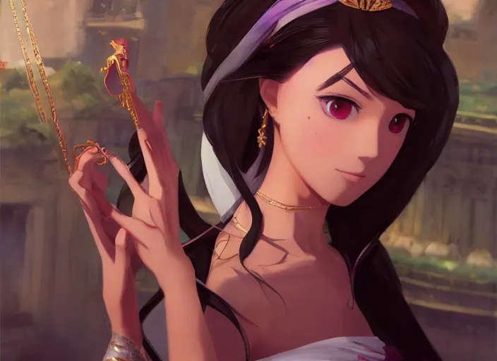 Image similar to full body portrait character concept art, oil painting anime key visual of princess jasmine, studio lighting delicate features finely detailed perfect face directed gaze, at an ancient city, gapmoe yandere grimdark, trending on pixiv fanbox, painted by greg rutkowski makoto shinkai takashi takeuchi studio ghibli