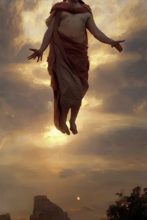 Image similar to beautiful oil painting portrait of ancient roman god emperor steve buscemi floating in the air wearing the civic crown levitating and ascending in a religious pose, ascension, art by anders zorn, wonderful masterpiece by greg rutkowski, expressive brush strokes, beautiful cinematic light, american romanticism by greg manchess, jessica rossier