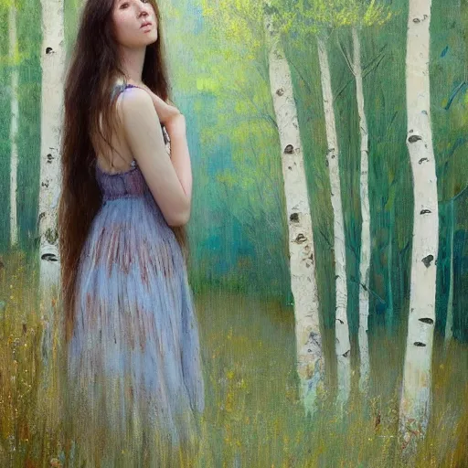 Image similar to “ woman with long hair, summer dress, standing between aspen trees in an aspen forest, style of jeremy lipking, joseph todorovitch ”