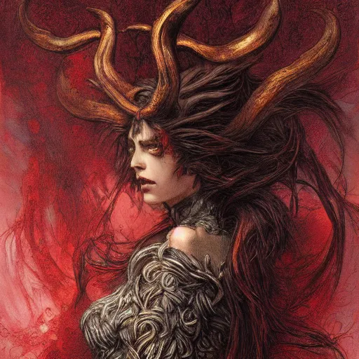 Prompt: a masterpiece! photographic portrait of a scarlet - colored beast with seven ( 7 ) heads and ten ( 1 0 ) horns by gustave dore and stephen hickman and allen williams, trending on artstation, cgsociety, 8 k hd, earthtone colors, a cloaked woman riding the back of the beast