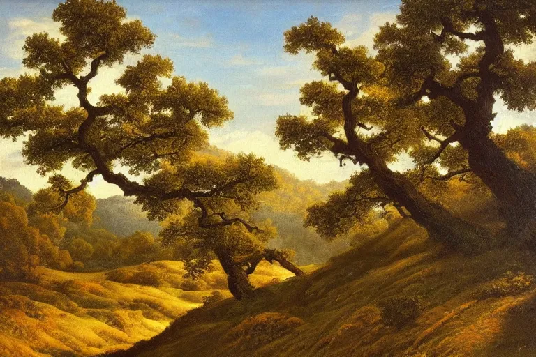 Image similar to masterpiece painting of oak trees on a hillside overlooking a creek, dramatic lighting, by franklin carmichael