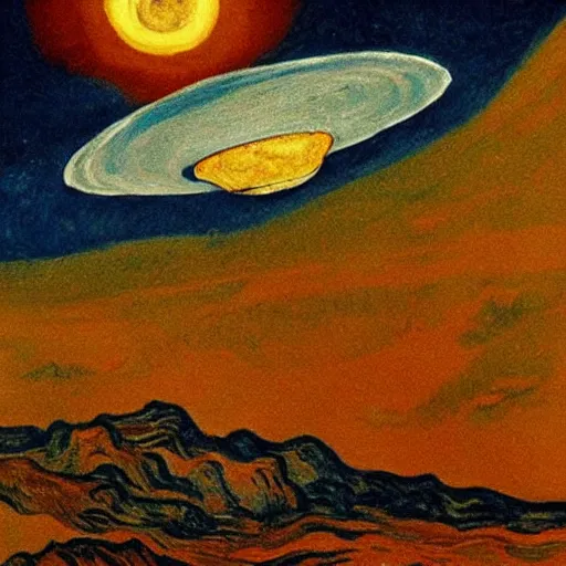 Image similar to van gough painting of a ufo flying at night.