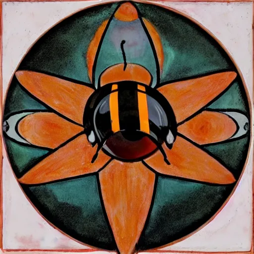 Image similar to a dark bloody ritual spell with a dead bumblebee at the middle of a bullseye of salt, art nouveau