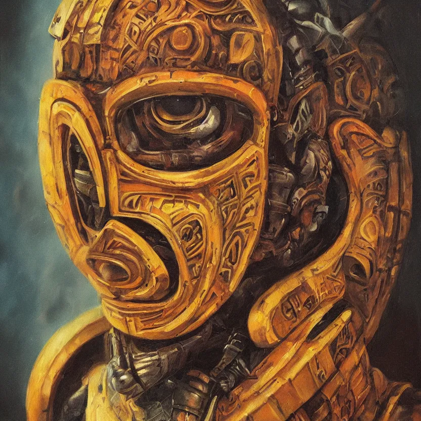 Prompt: a portrait painting of intense tribal mask. pulp sci - fi art for omni magazine. high contrast. dark background. whimsical fantasy art. baroque period, oil on canvas. renaissance masterpiece. muted colors, soft gradients. trending on artstation. retrofuturism.