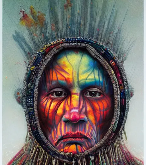 Image similar to Portrait painting in a style of Beksinski mixed with Alex Grey of an old shaman dressed in a colorful traditional clothes.