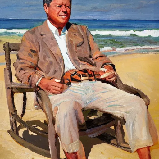 Image similar to portrait of john f kennedy, wrinkled, grey hair sitting on rocking chair, landscape of nantucket beach, dunes, ocean, bluff, handsome, hawaiian shirt, oil on canvas by william sidney mount - 1 9 8 2, trending on artstation