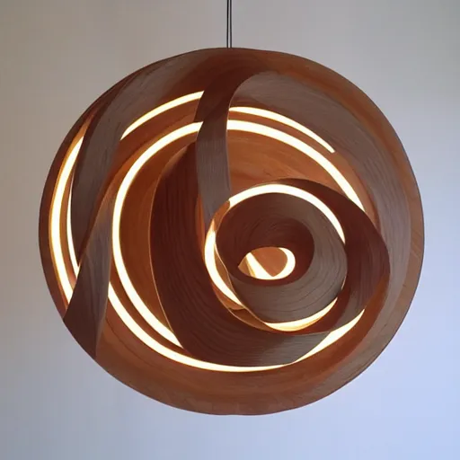 Image similar to circle shaped sculpture, curves, wood, lights