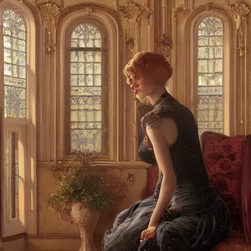 Image similar to a very detailed portrait painting of Vesper Lynd, a very detailed french room, a very detailed dramatic sky, light particles, environment drawn by Donato Giancola and Tom Bagshaw, Edmund Leighton, character design by Alphonse Mucha, 4k, volumetric lighting, komorebi, award winning, octane render, hyperrealistic