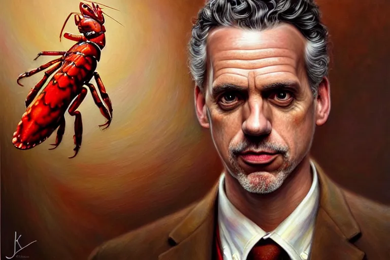 Image similar to portrait of jordan peterson, lobster pattern, oil painting elegant, highly detailed, centered, digital painting, artstation, concept art, smooth, sharp focus, illustration, artgerm, tomasz alen kopera, peter mohrbacher, donato giancola, joseph christian leyendecker drew struzan