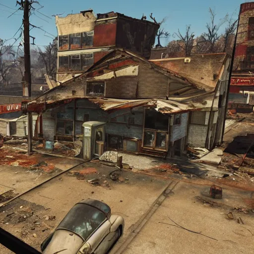 Image similar to tornado in tornado alley, town in ruins post - nuclear war in fallout 4, in game screenshot