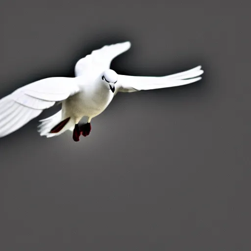 Prompt: a realistic photo of a white dove flying towards the camera, solid black background, high contrast, 8k, film grain, highly detailed, professional photography