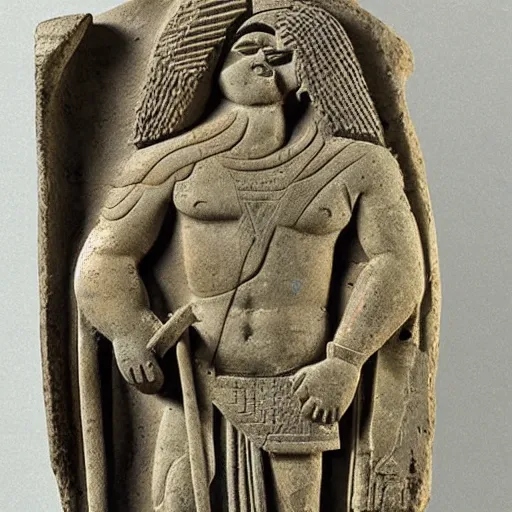 Prompt: Urartian poterie à l'engobe, representing Ur-Enkidu wielding his sacred mace, 2000 B.C, Musée du Louvre catalogue photography