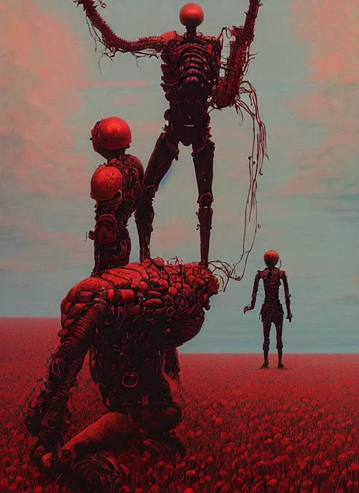 Image similar to hyper realistic end of the world by zdzisław beksinski and norman rockwell and greg rutkowskiweta studio, a red cyborg samurai, tokio futuristic in background, and lucasfilm, realm of the ovarian machine, horror art, blue and red hour