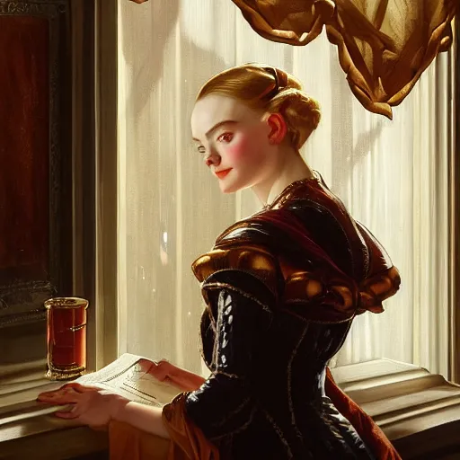 Image similar to leyendecker and peter paul rubens, head and shoulders portrait of a elle fanning by the fireplace, nighttime, starry sky outside the window, unreal engine, fantasy art by global illumination, radiant light, detailed and intricate environment