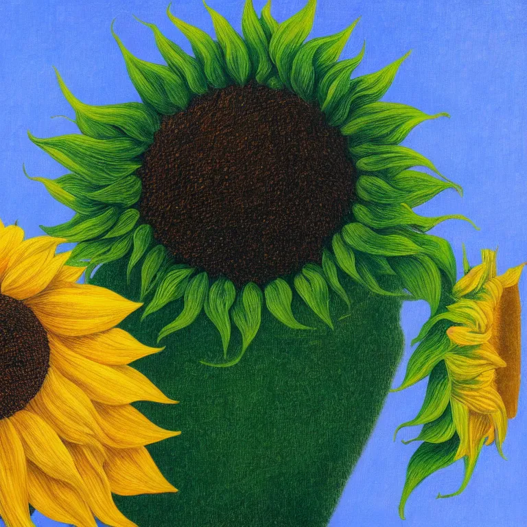 Image similar to portrait of a faceless sunflower - head man by rene magritte, detailed painting, distance, centered, hd, hq, high resolution, high detail, 4 k, 8 k