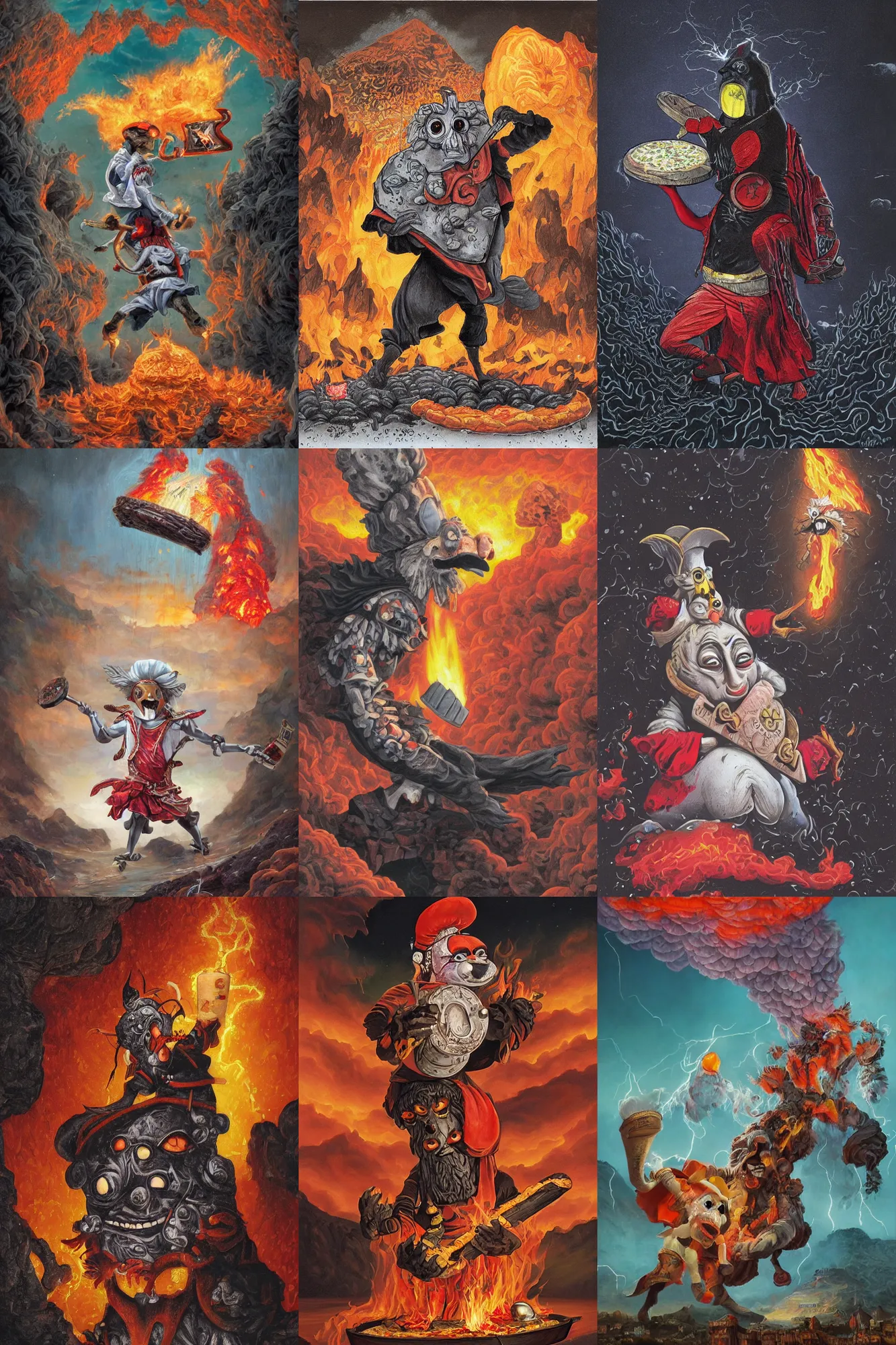 Image similar to an extremely detailed pulcinella like character wearing a mask holding a large pizza in front of a volcano spewing lava and black smoke, from below, streams of glowing hot lava, flashes of lightning in the distance, wide shot, long shot, an ultrafine detailed painting by joe fenton, deviantart, pop surrealism, whimsical