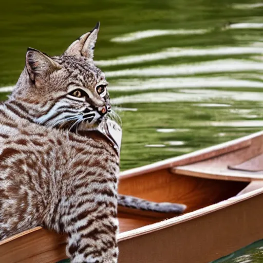 Image similar to a bobcat in a rowboat wears a baggie hat and has its hand on its hip, the boat is half full of water but the bobcat seems at ease